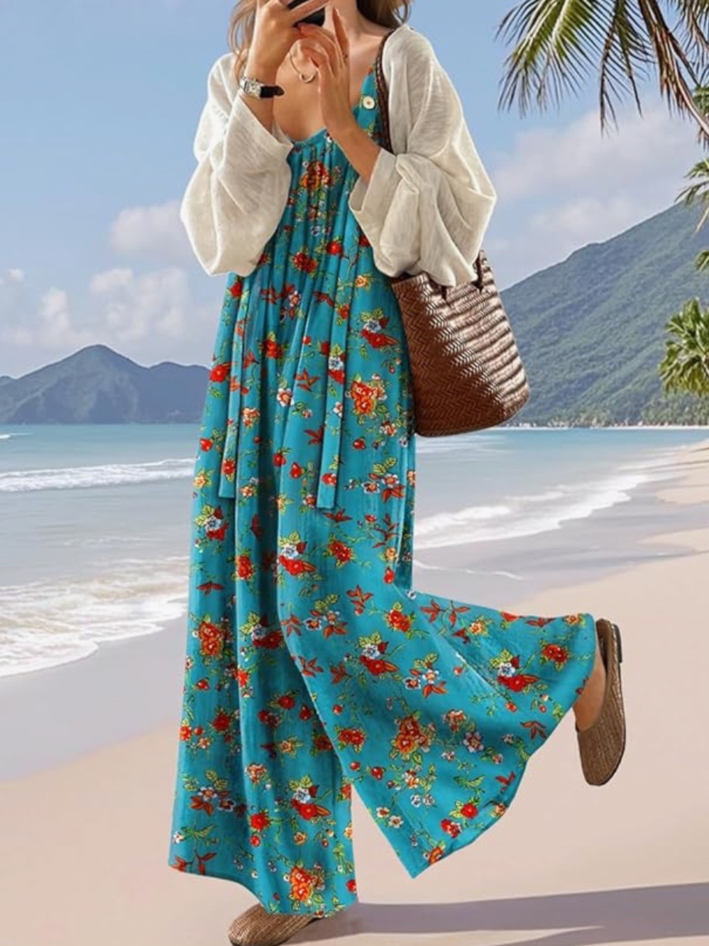 Turquoise Floral boho overalls with Red Bouquet Print